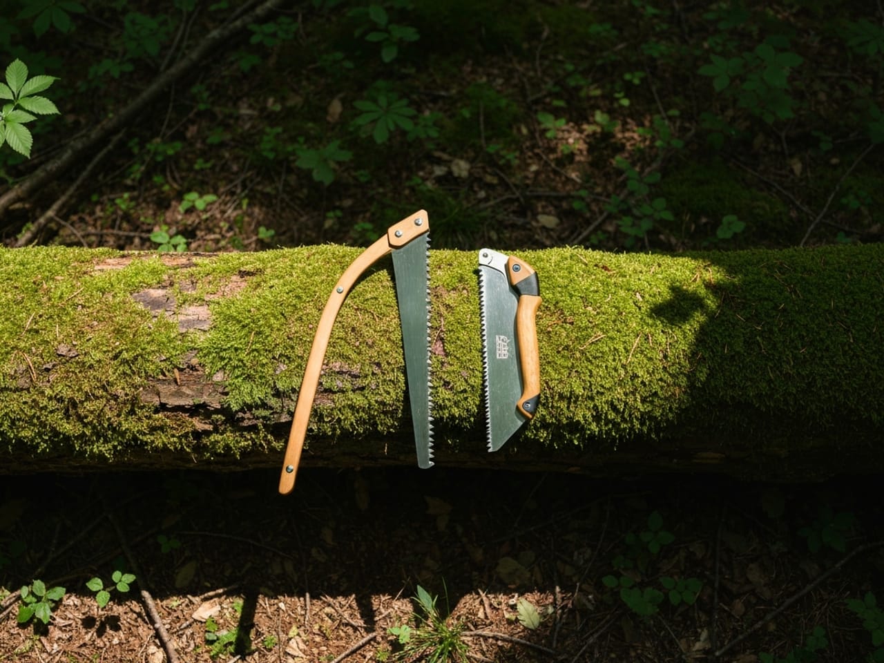 A bow saw and a folding saw laid side by side on a mossy log in a forest