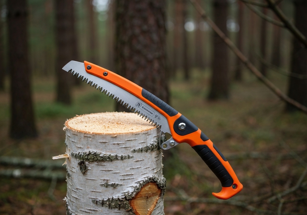 Bahco Laplander folding saw open on a cut birch log