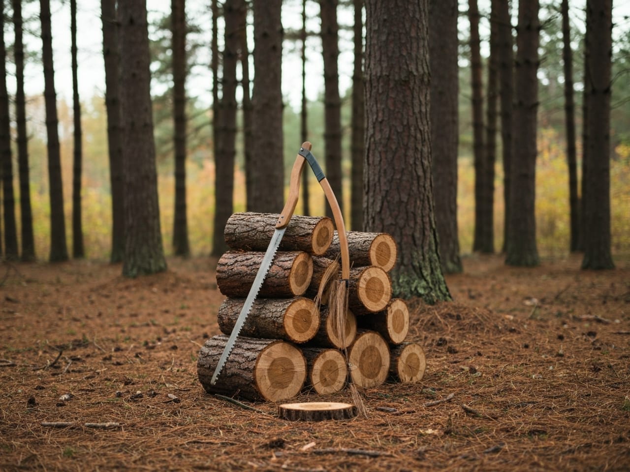A bow saw leaning against a stack of cut firewood rounds in a pine forest