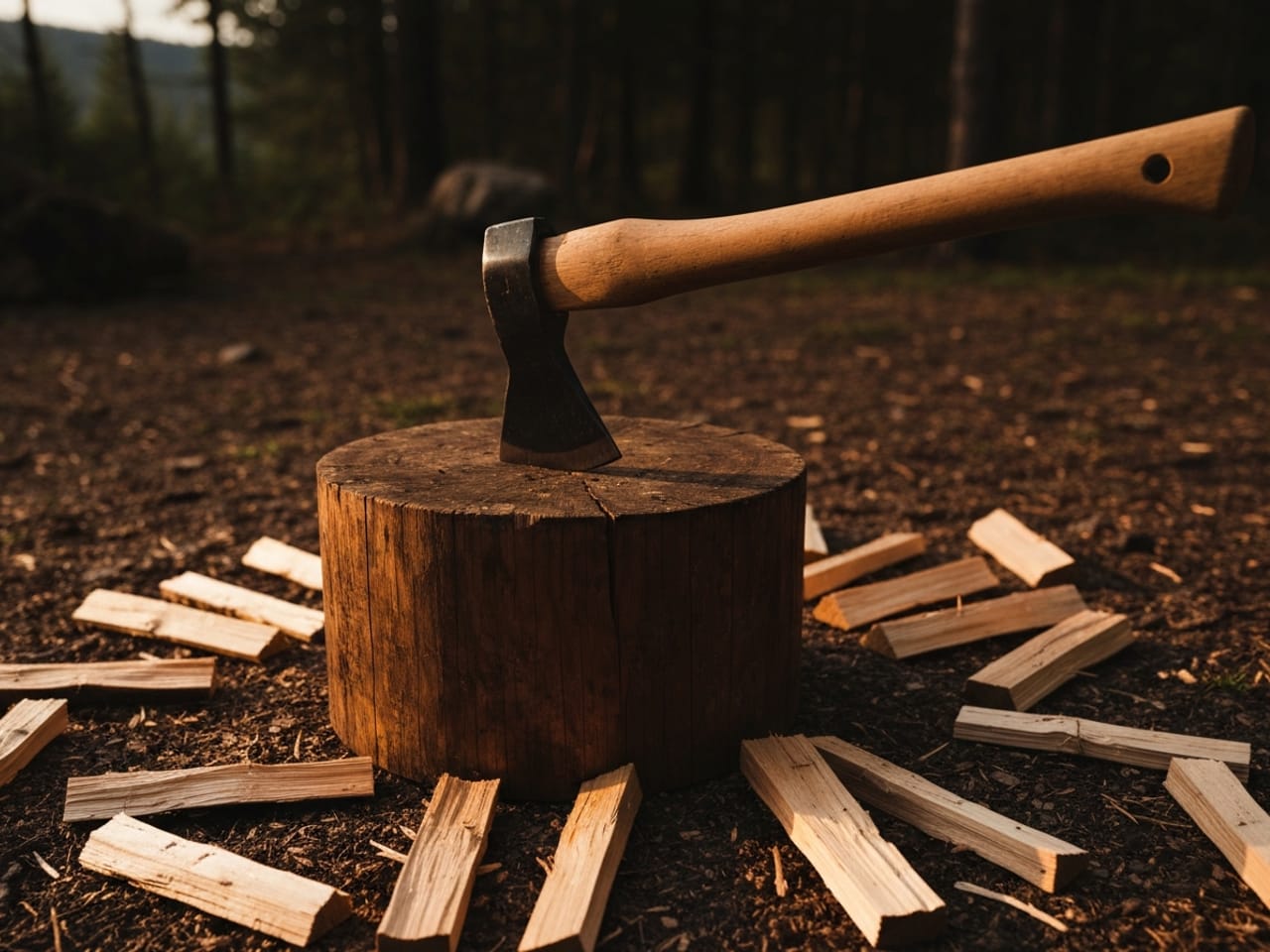 A camp hatchet sunk into a wooden chopping block with split kindling around it