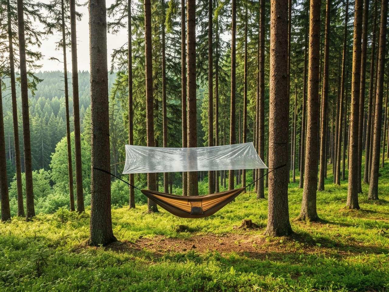 A camping hammock and tarp strung between two pine trees in a green forest