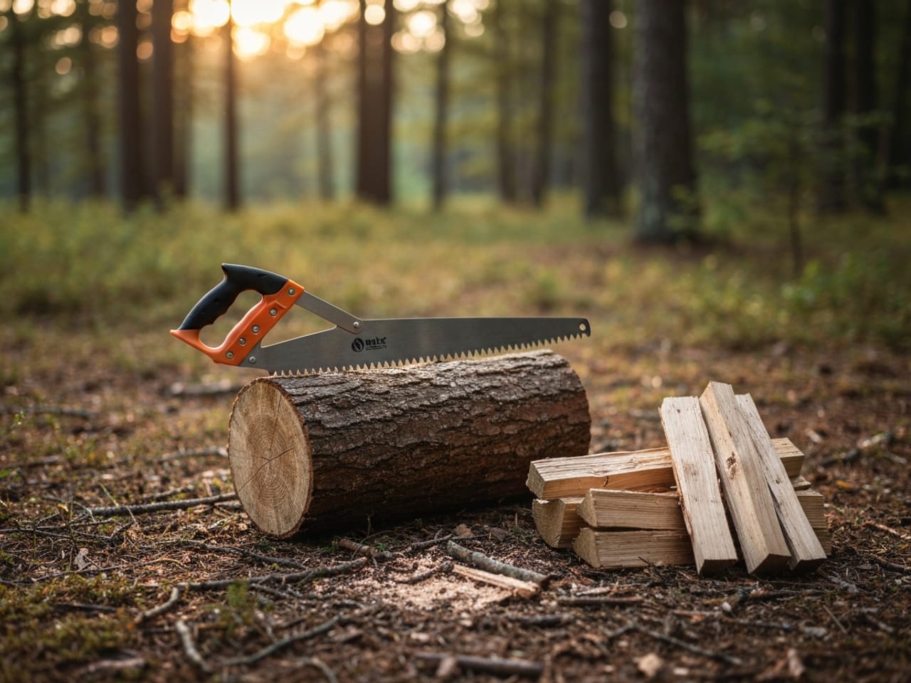 A folding camp saw resting on a cut log beside firewood at a forest campsite