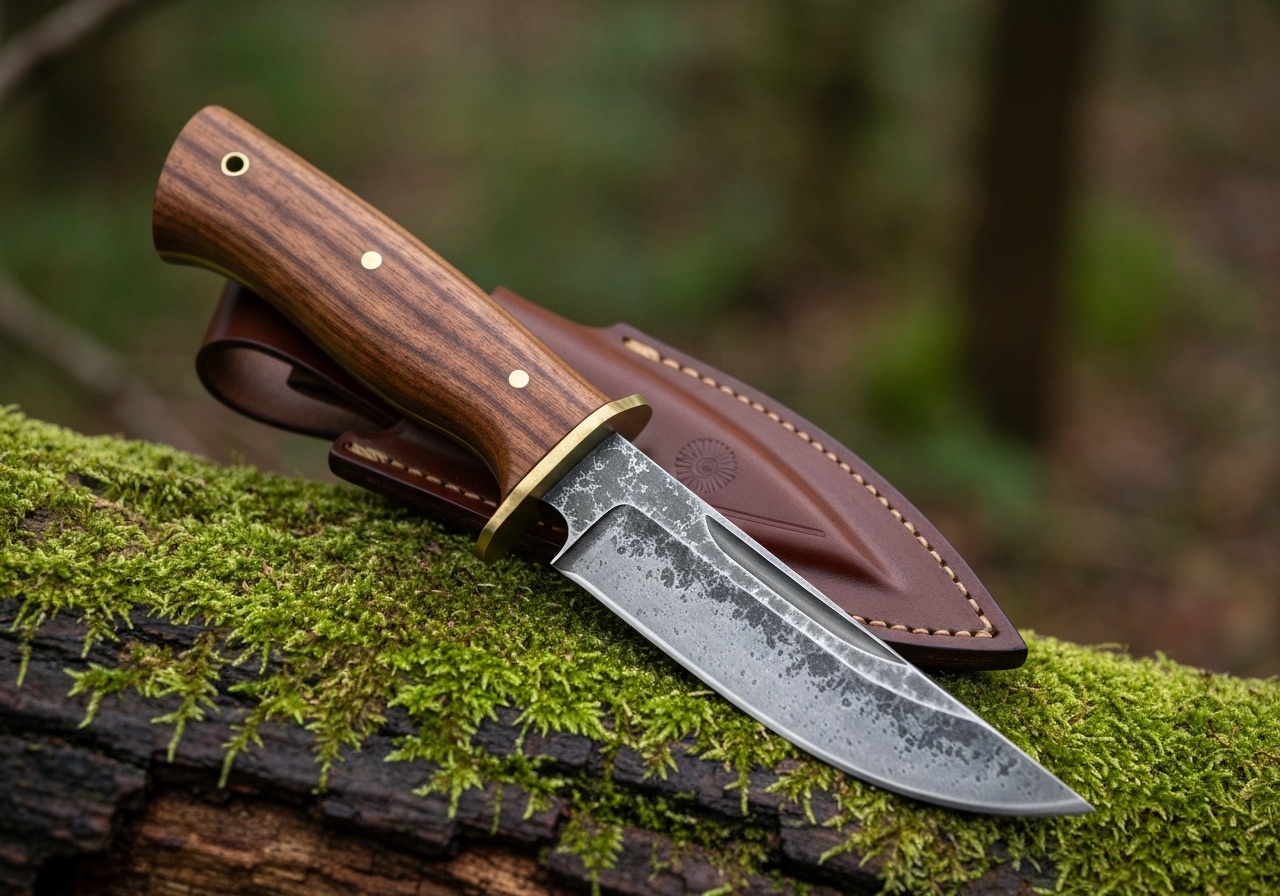 Condor Bushlore carbon-steel bushcraft knife beside its leather sheath on a mossy log