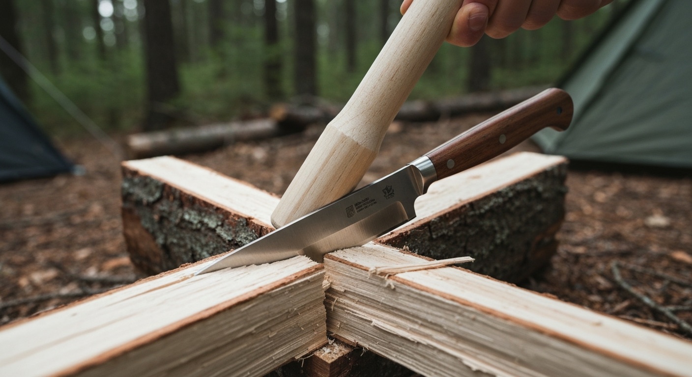 Batoning a split log with the Condor Bushlore full-tang knife