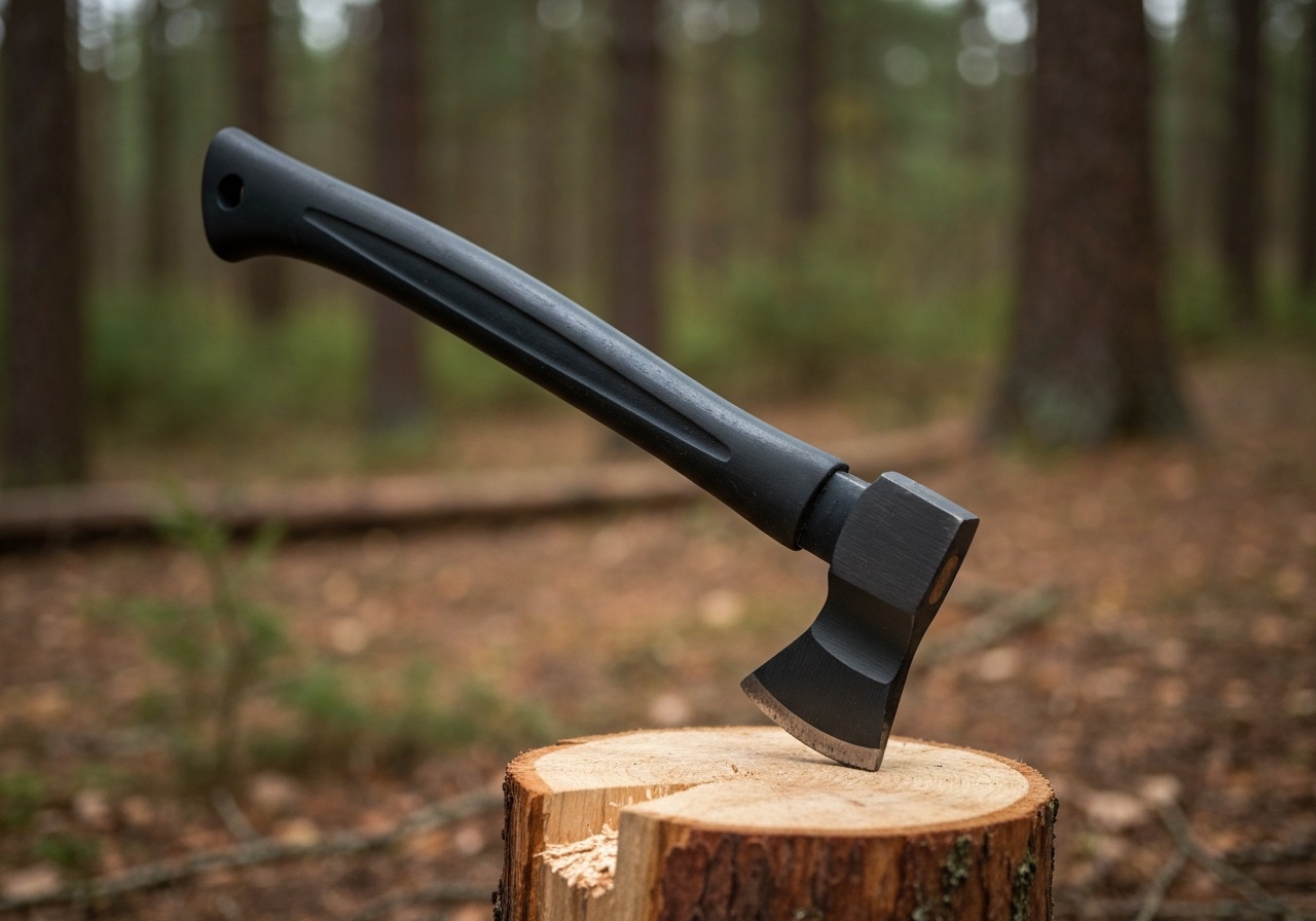 Fiskars X7 hatchet resting on a chopping block stump in a forest