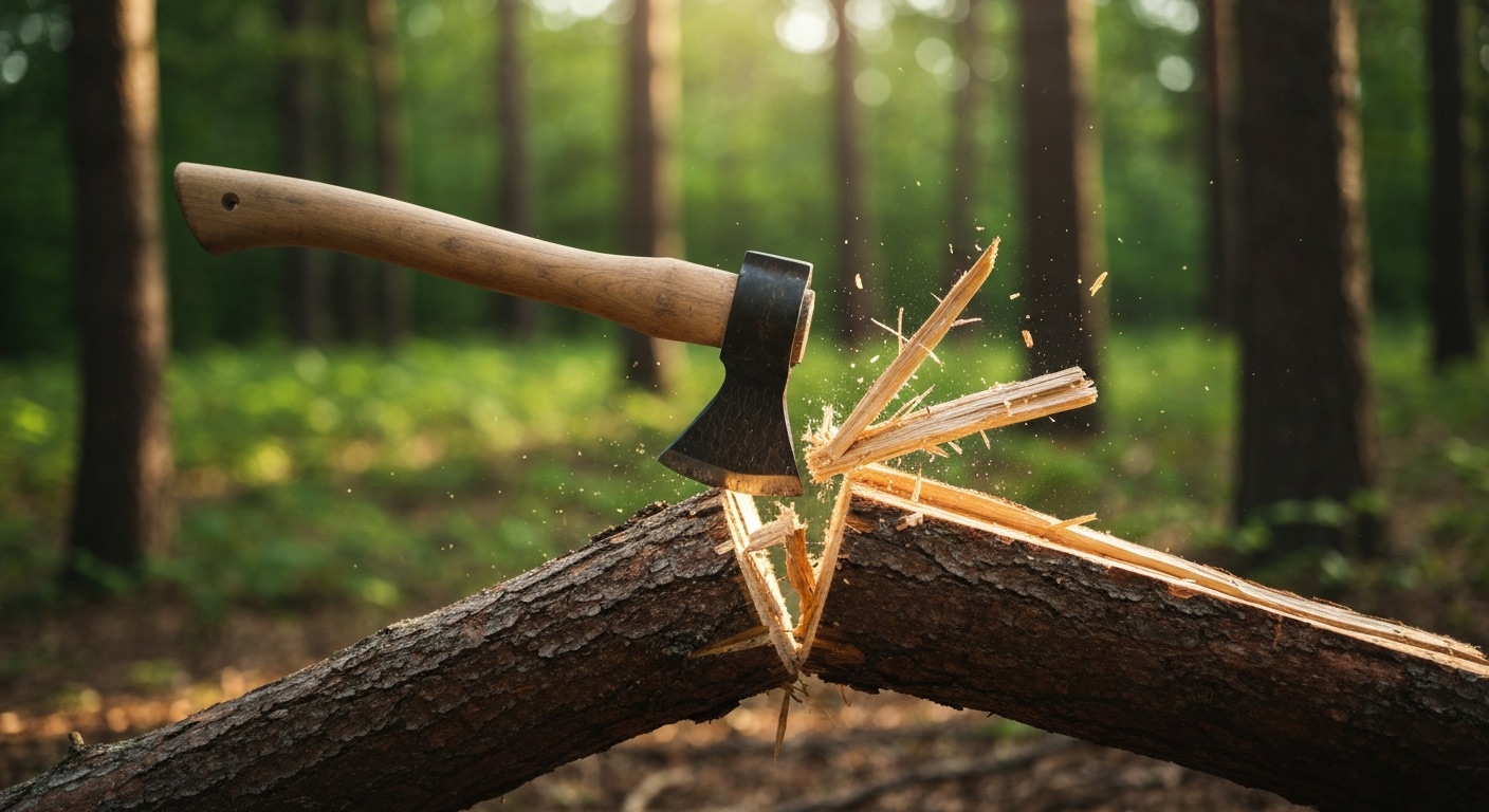 Splitting kindling with the Fiskars X7 hatchet on a chopping block