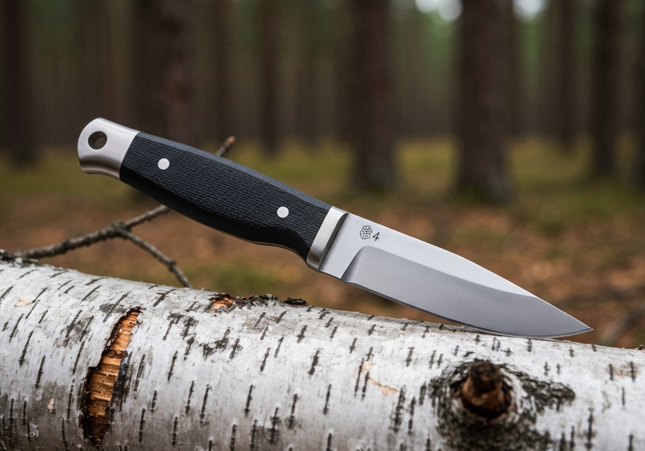 Morakniv Garberg full-tang bushcraft knife resting on a birch log in a pine forest