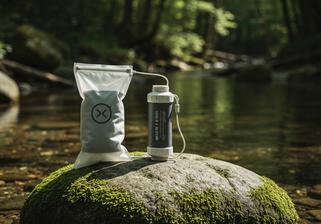Sawyer Squeeze water filter and pouch on a rock beside a forest stream