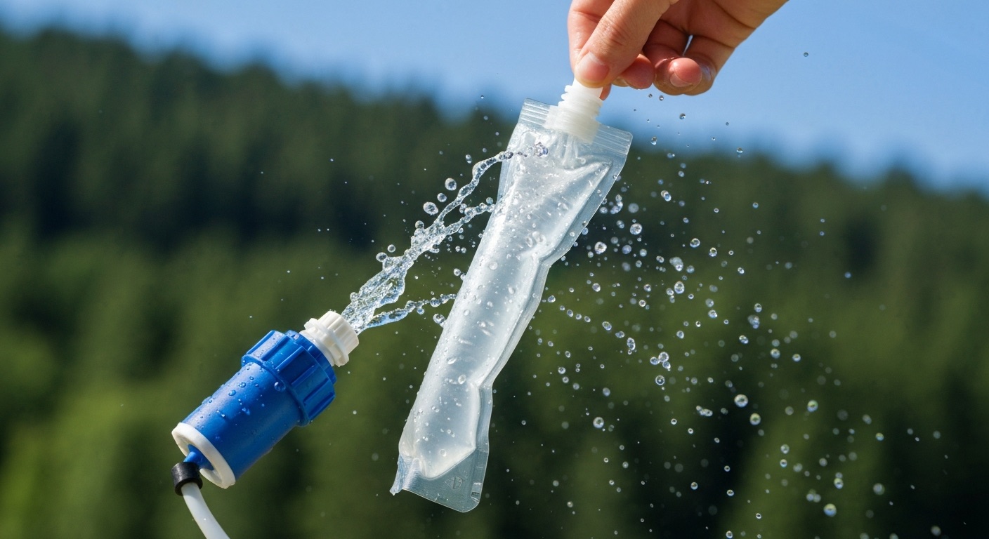 Filtering stream water through the Sawyer Squeeze filter into a bottle